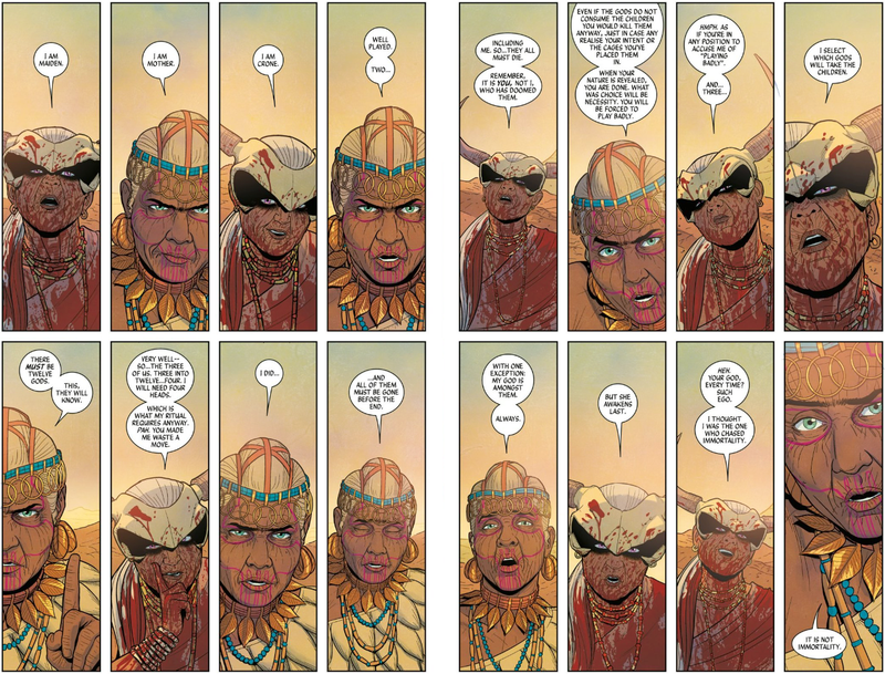 Ananke and her sister lay out the rules binding the gods in a sequence of occult storytelling.